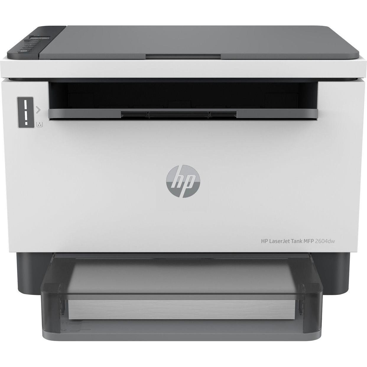 Compact black and white printer with a sleek white exterior, featuring a front paper tray, HP logo, and wireless connectivity options.