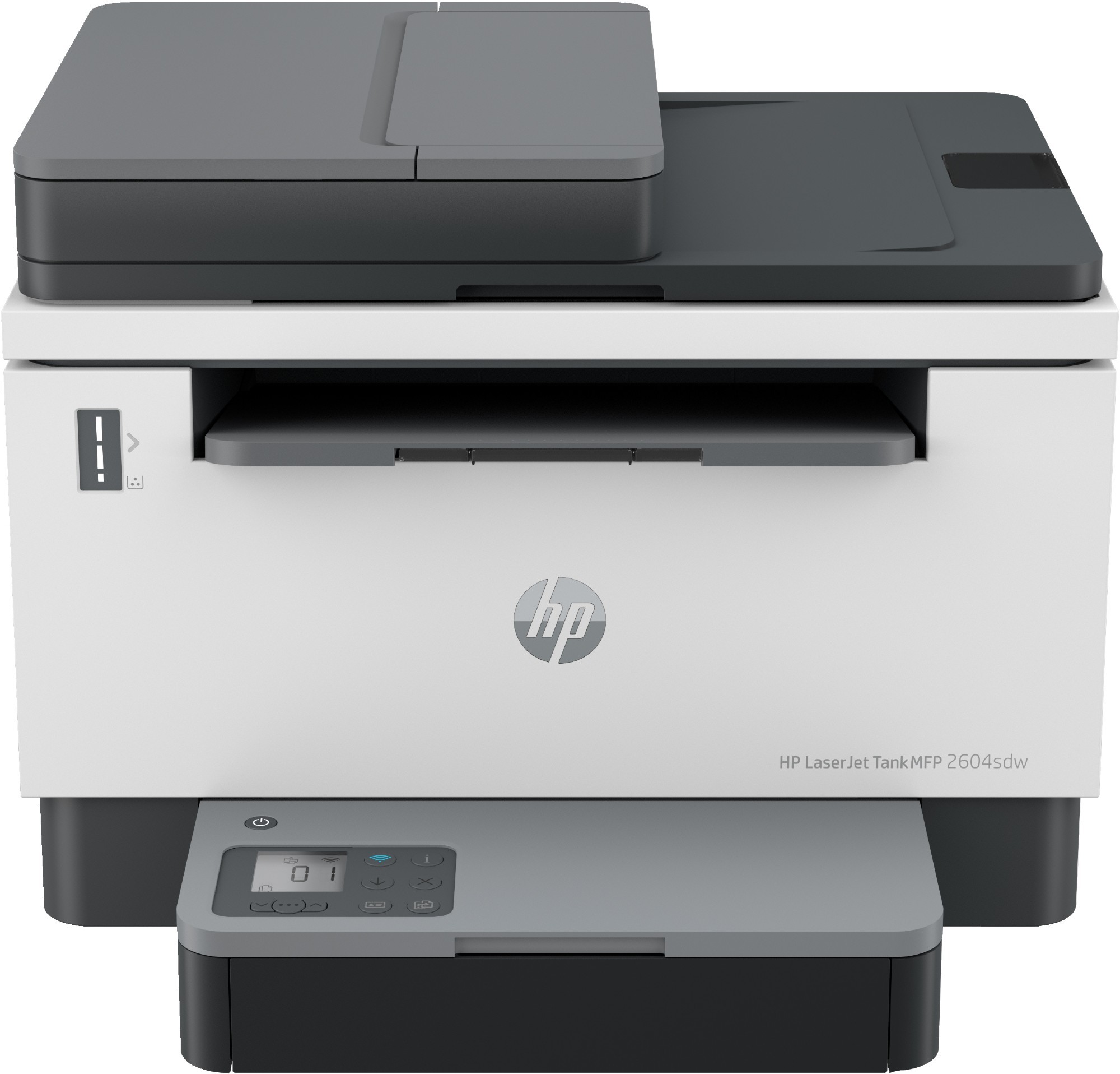 HP LaserJet Tank 2604sdw is a compact wireless multifunction printer in black and white, featuring a sleek white body, control panel, and a top-loading scanner.
