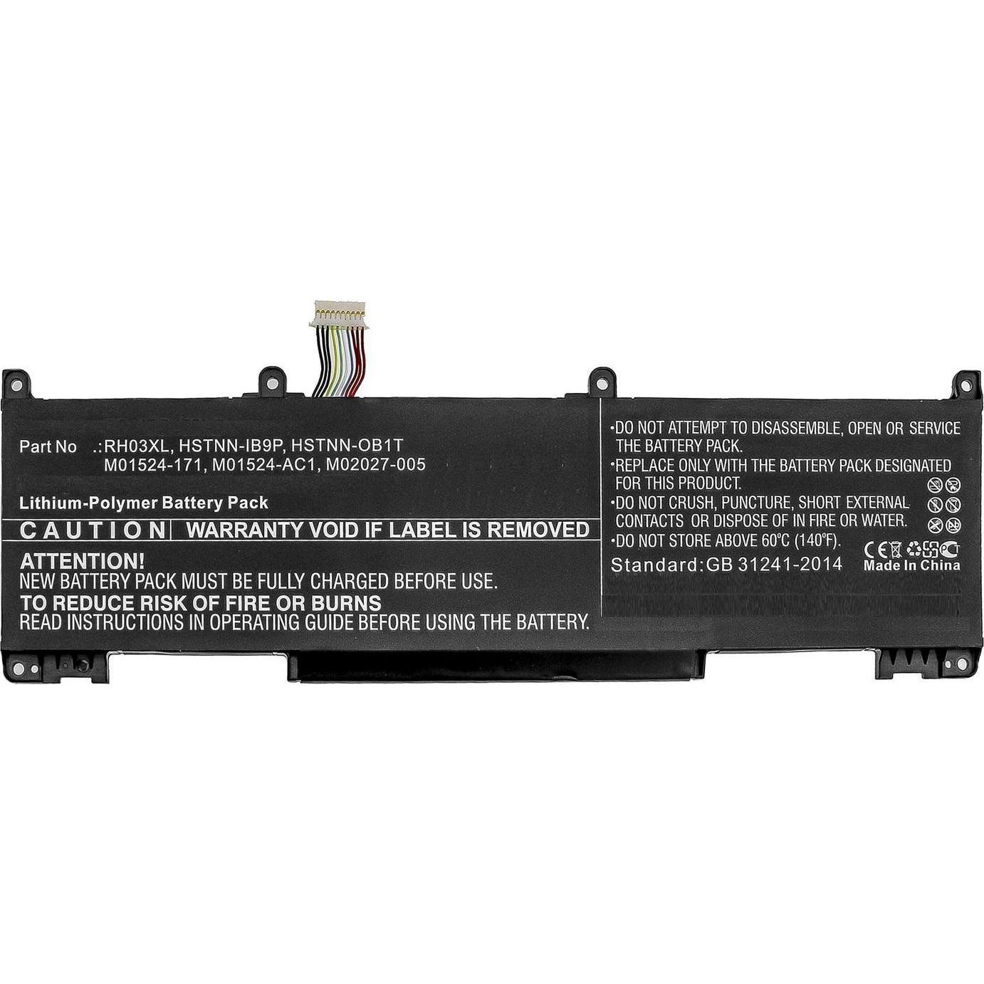 HP Li-ion battery pack in black with white text, featuring a connector cable and caution labels, designed for laptops with a capacity of 56Wh and voltage of 11.55V.