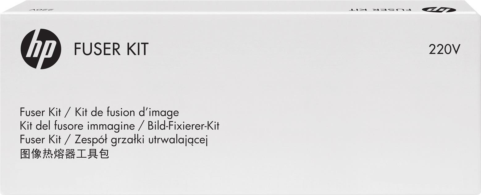 White box with "HP FUSER KIT" printed in black, featuring multilingual text and a logo, designed for 230V, compatible with HP E 77422/77800, indicating a capacity of 250K pages.