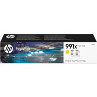 HP 991X yellow ink cartridge box with HP logo, high yield label, and PageWide branding.