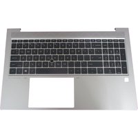 Silver HP laptop cover with black keyboard and touchpad, featuring a sleek design and function keys.