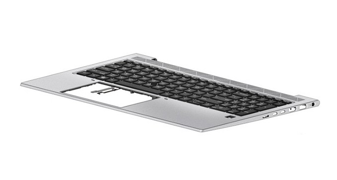 HP M21679-BG1 laptop spare part keyboard featuring a black key layout, sleek silver frame, and a cutout for the touchpad, designed for easy replacement.