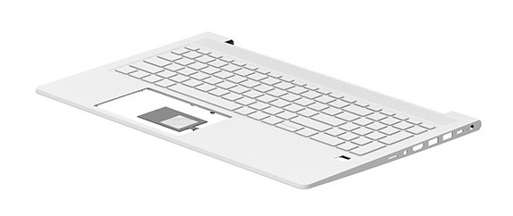 White HP laptop spare part keyboard with a sleek design, featuring a full set of keys and a touchpad area, made of durable plastic material.