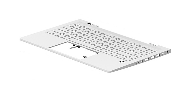 White laptop keyboard spare part with a sleek design, featuring a standard layout, function keys, and cutouts for ports, made of durable plastic material.