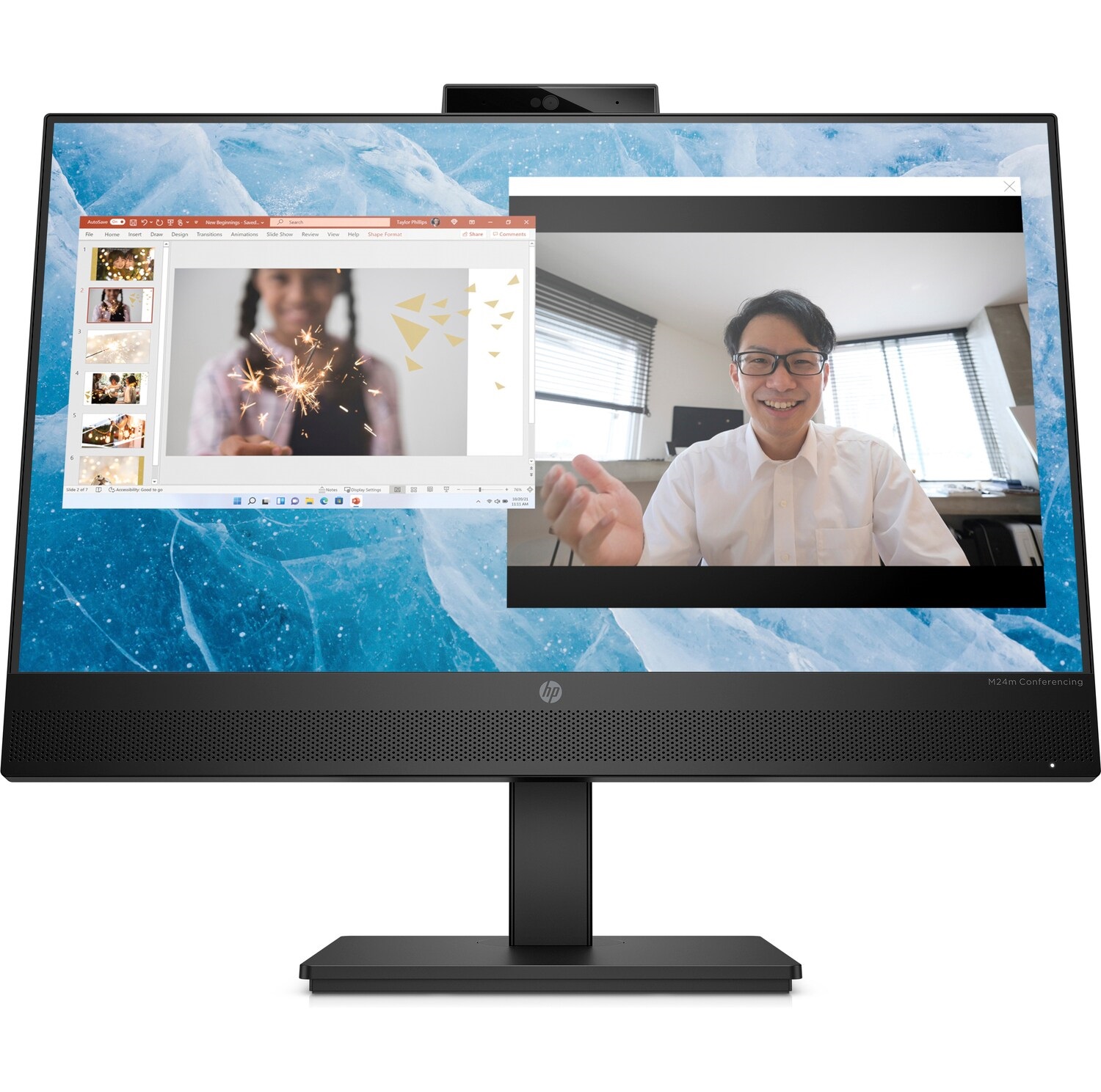 HP M24m monitor features a sleek black design with a 23.8-inch display, 1920 x 1080 resolution, and built-in webcam, set against a vibrant blue ice-themed background.