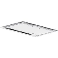 Silver HP M35821-001 laptop display cover with sleek edges and precise cutouts for hinges and camera.