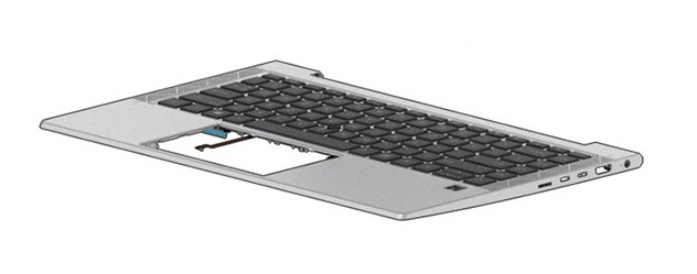 Black laptop keyboard with a sleek design, featuring a full set of keys, a touchpad area, and ports on the side, made of durable plastic material.