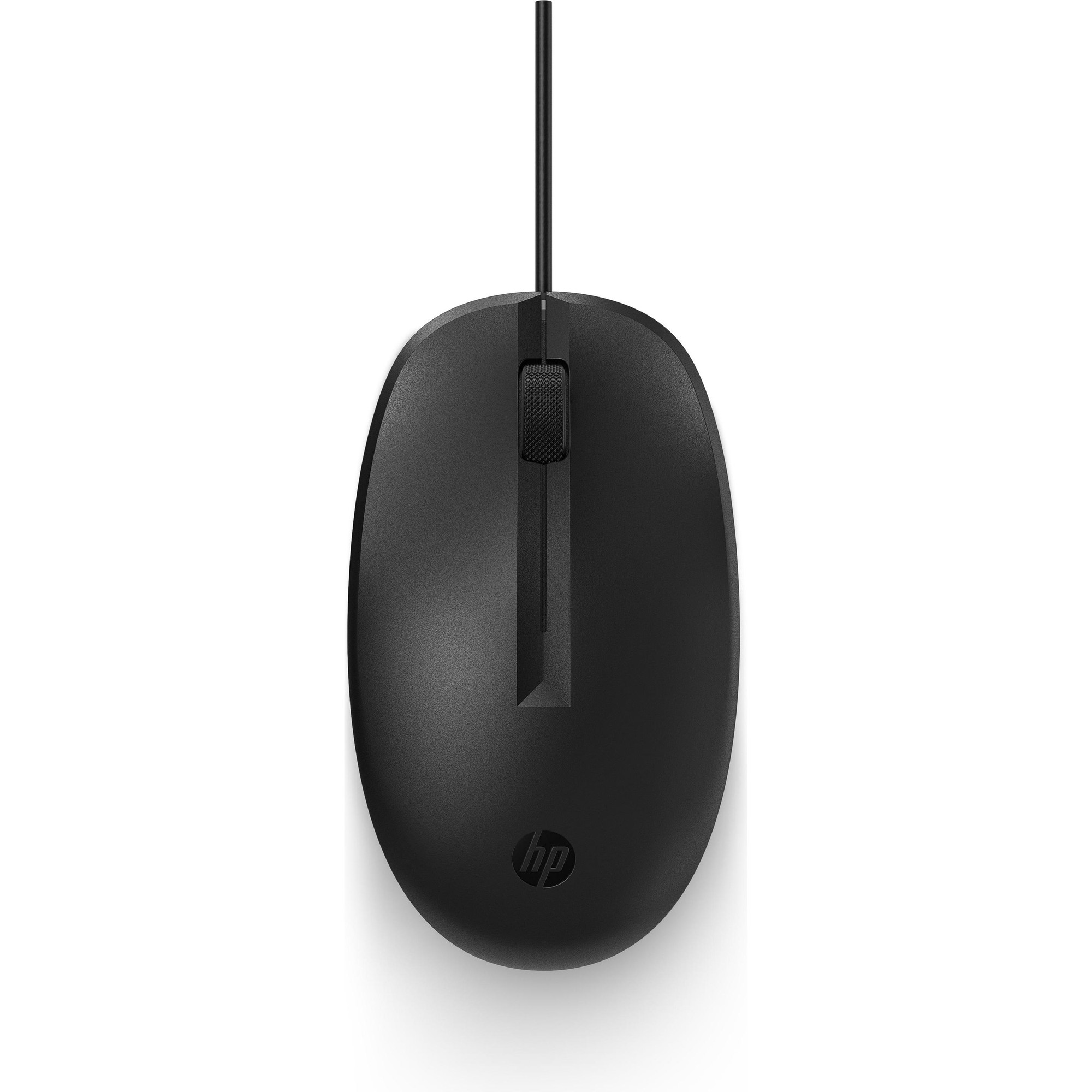 Black wired HP laser mouse with a smooth surface, a central scroll wheel, and a sleek, minimalist design featuring the HP logo on the bottom.