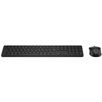 Black HP wireless keyboard with numeric keypad and matching ergonomic mouse.