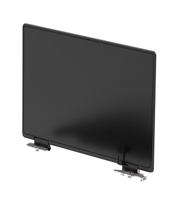 Black laptop display with a smooth surface, featuring metal hinges on the bottom for attachment, designed as a spare part for HP laptops.