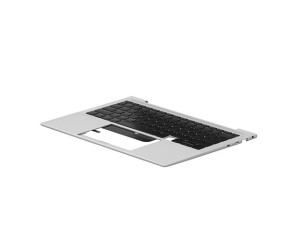Black laptop keyboard with silver frame, featuring a standard QWERTY layout and a touchpad area, designed as a spare part for HP laptops.