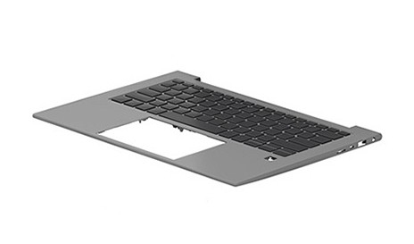 Gray laptop keyboard spare part with black keys, featuring a sleek design and cutout for the trackpad, suitable for HP models.