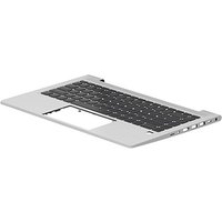 Silver HP N42405-031 laptop keyboard with black keys, touchpad, and side ports.