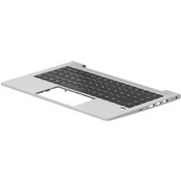 Silver HP N43875-051 laptop keyboard with black keys and integrated touchpad, featuring side ports.