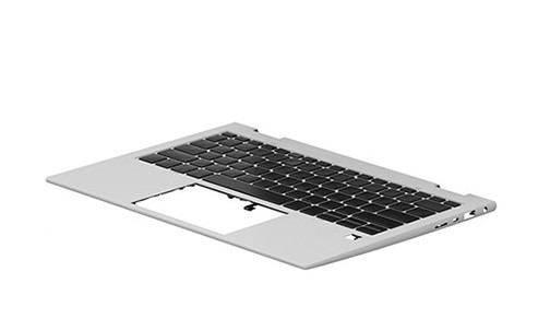 HP N44565-031 laptop spare part keyboard in silver, featuring a black key layout, a rectangular touchpad cutout, and a sleek, minimalist design.