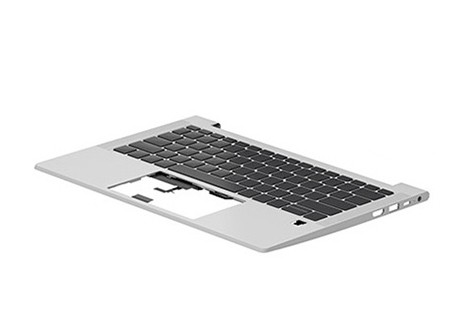 HP N45436-BG1 laptop keyboard in silver with black keys, featuring a sleek design and a cutout for the laptop's internal components.