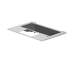 Sleek silver HP N45444-031 keyboard with a black key layout, featuring a compact design and a smooth finish, ideal for modern laptops.