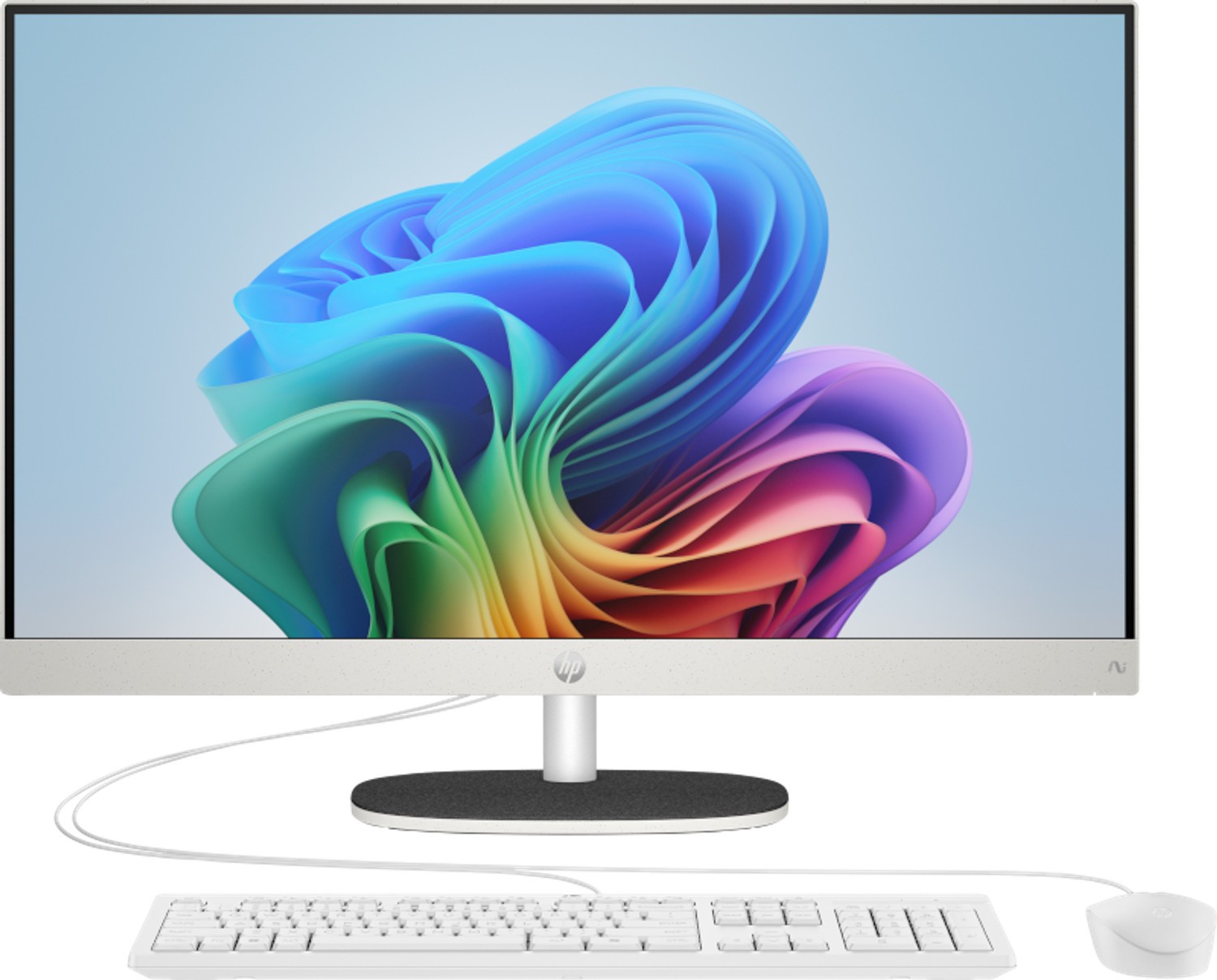 Sleek silver HP Next Gen AI 24-ct2001na Copilot+ PC with a vibrant 23-inch display, accompanied by a white keyboard and mouse, featuring a modern design and AMD Ryzen™ AI 5 processor.