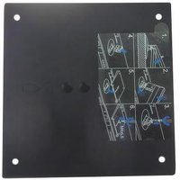 Black HP VESA mount adapter with instructional diagrams and mounting holes