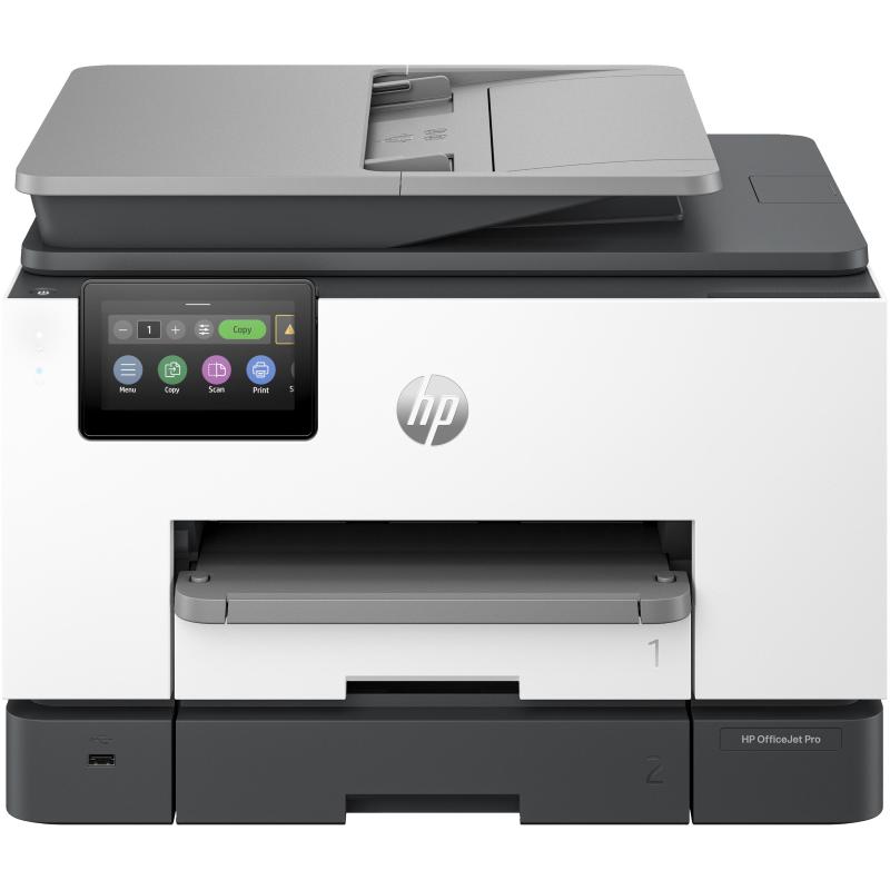 HP OfficeJet Pro 9132e wireless all-in-one color printer in white and gray, featuring a touchscreen control panel, paper tray, and Instant Ink capability.