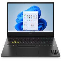 Black HP OMEN 16 laptop with backlit keyboard, slim bezels, and Windows 11 home screen displayed on a 16-inch screen.