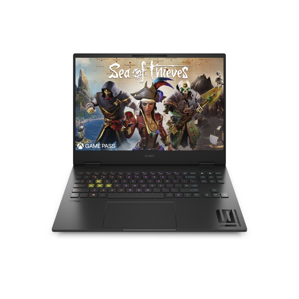 HP OMEN 16 laptop with a sleek black design, 16-inch WQXGA display showcasing "Sea of Thieves," RGB backlit keyboard, and prominent OMEN logo on the palm rest.