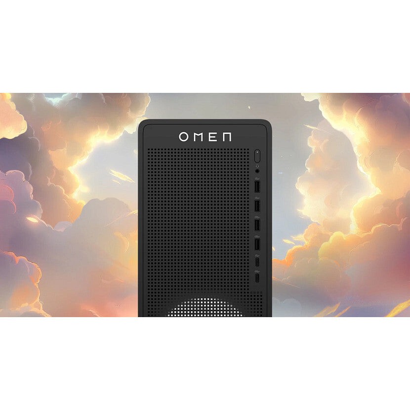 Black HP OMEN gaming desktop with a perforated front panel, featuring the word "OMEN" at the top, multiple USB ports, and a sleek design against a colorful cloud background.