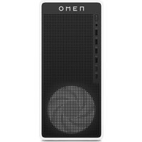 Black HP OMEN 16L gaming desktop with mesh front panel, circular vent, and vertical row of USB ports.