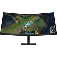 HP OMEN 34-inch curved gaming monitor, black, with slim bezels, displaying a colorful game scene.
