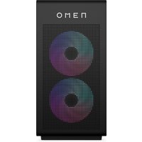 Black HP OMEN 35L gaming desktop with dual front RGB fans and mesh panel.