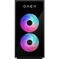 Black HP OMEN 35L gaming desktop with dual RGB-lit cooling fans and sleek front panel design.