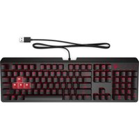 Black HP OMEN Encoder keyboard with red backlit keys, USB connection, and highlighted WASD keys.
