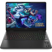 Black HP OMEN Gaming Laptop with 16-inch display, RGB keyboard, featuring League of Legends on screen.