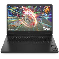 Black HP OMEN Gaming Laptop with illuminated keyboard, vibrant screen displaying colorful graphics, and sleek design.