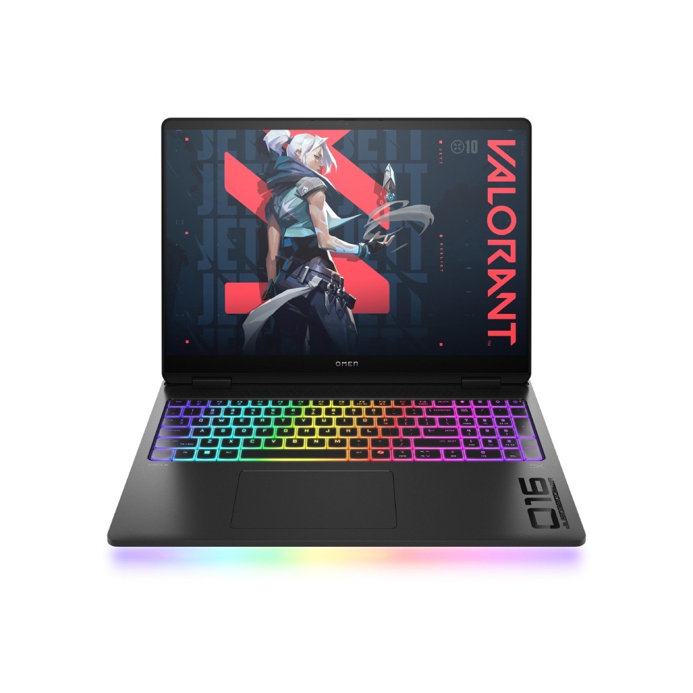 HP OMEN MAX 16-ah0007na laptop with a sleek black chassis, 16-inch WQXGA display, vibrant RGB keyboard lighting, and featuring Valorant on the screen.