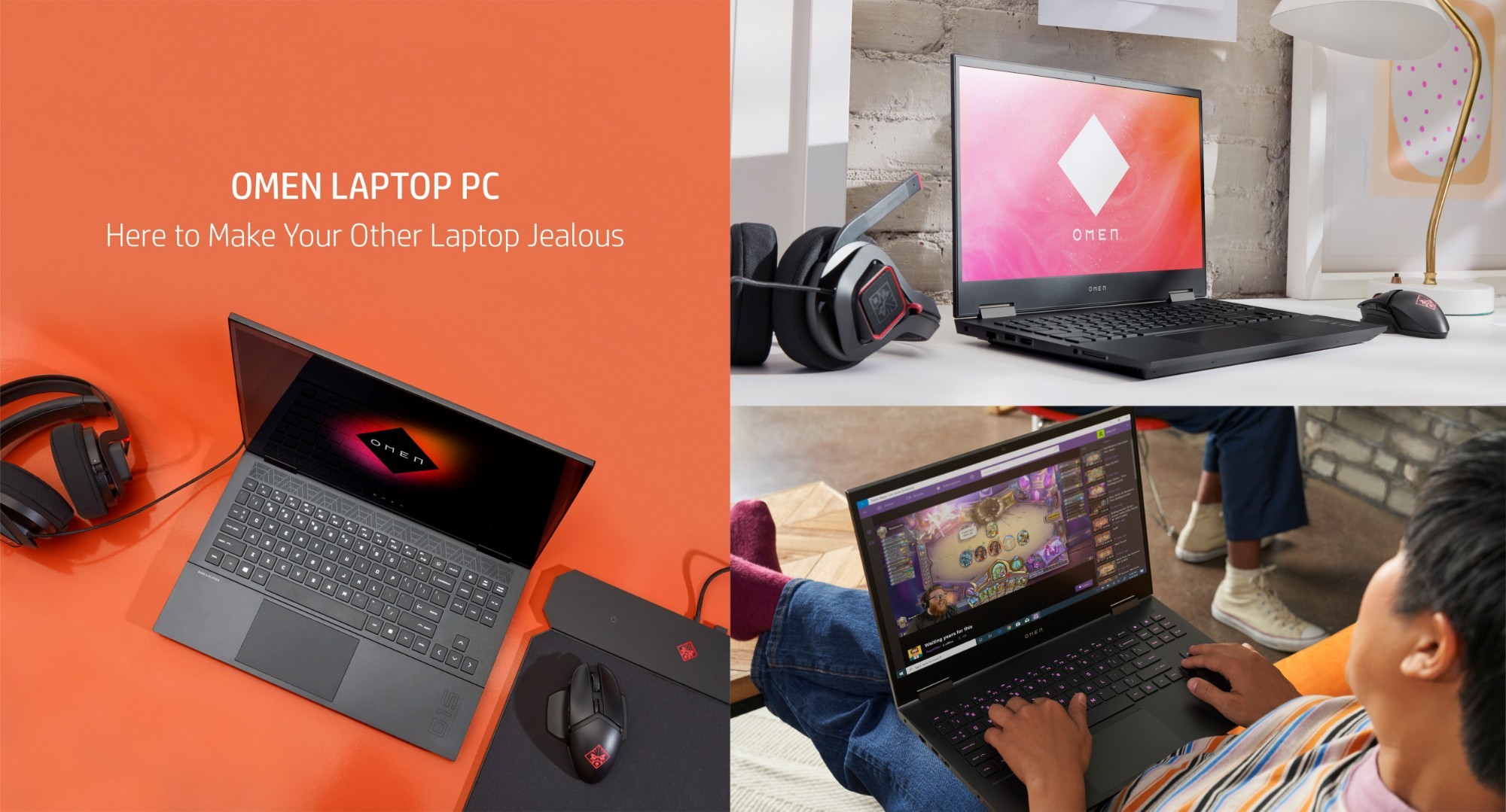 HP OMEN MAX Gaming Laptop features a sleek black design with a vibrant orange backlit keyboard, paired with a gaming mouse and headset, showcasing high-performance gaming capabilities.