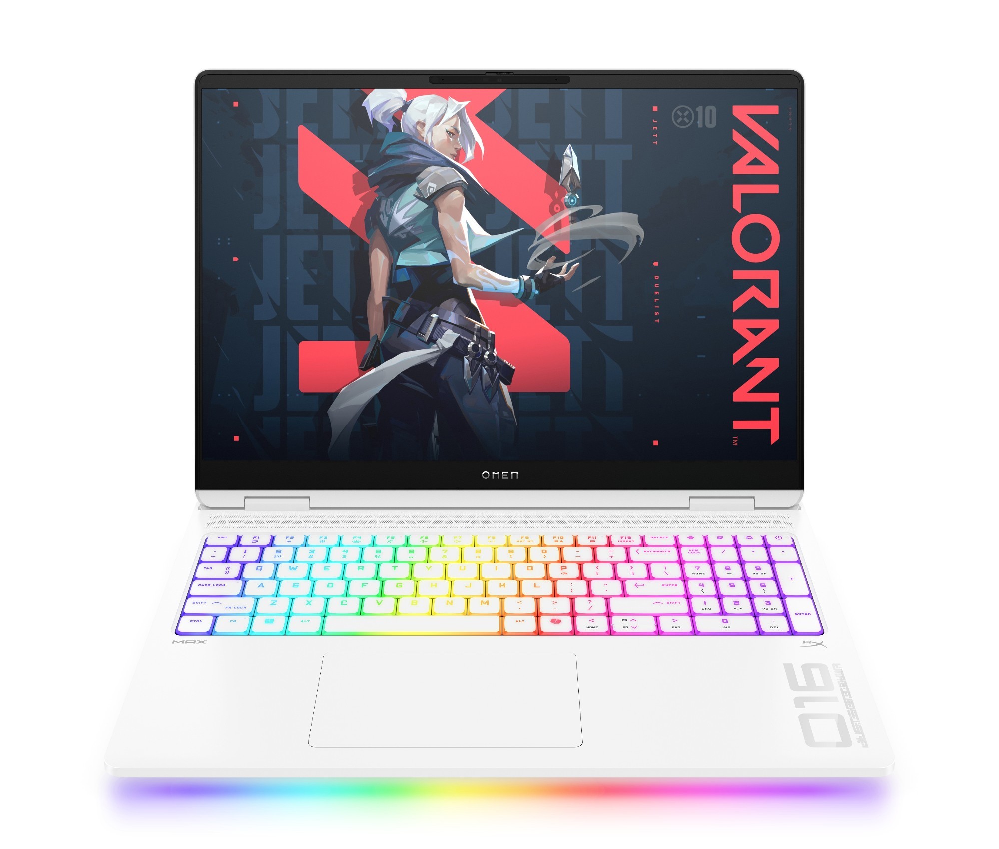 HP OMEN MAX Gaming laptop with a 16-inch display, featuring a vibrant RGB backlit keyboard and a sleek white chassis, showcasing a Valorant character wallpaper.