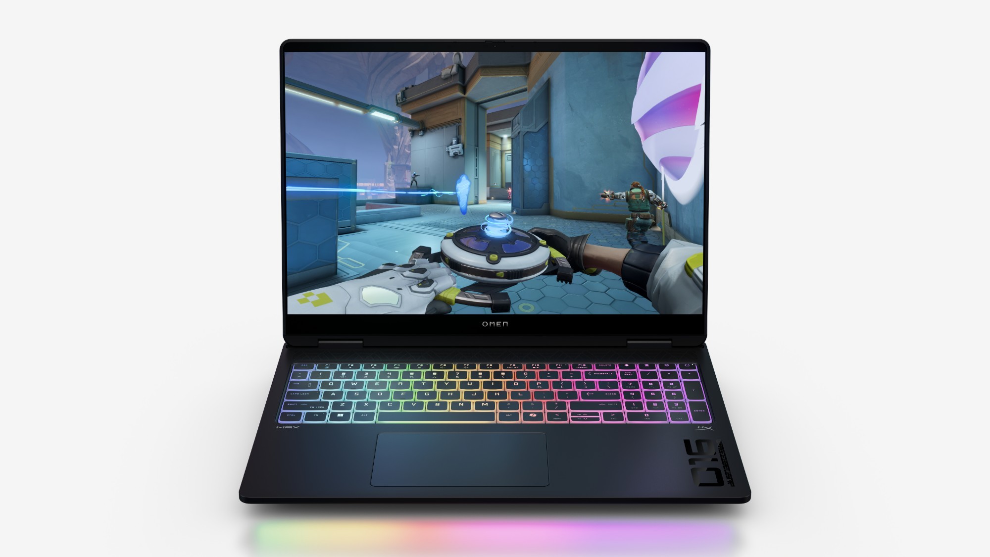 HP OMEN MAX Gaming 16-ak0000na laptop features a sleek black design, vibrant RGB keyboard lighting, and a large display showcasing a gaming scene.