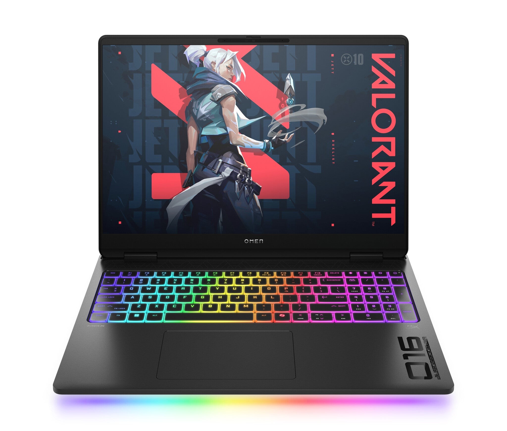 HP OMEN MAX Gaming laptop with a 16" WQXGA display, featuring a sleek black chassis, RGB backlit keyboard, and a vibrant Valorant-themed wallpaper.
