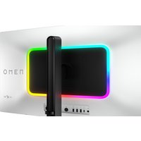 White HP OMEN 31.5" UHD 240Hz OLED monitor with RGB lighting on the back and sleek black stand.