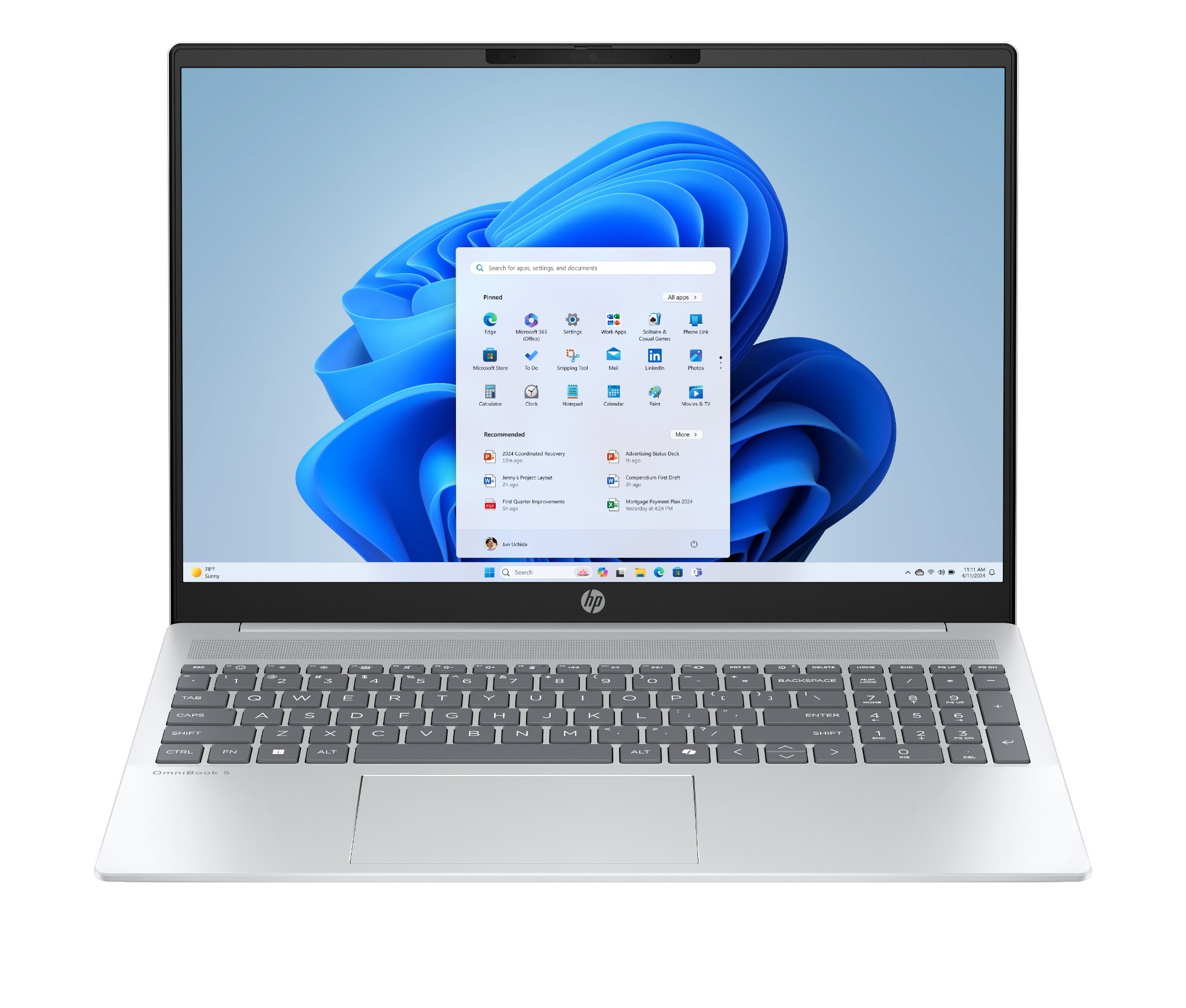 Sleek silver HP OmniBook 5 laptop with a 16-inch 2K touchscreen display, featuring a full keyboard, 16 GB RAM, 1 TB SSD, and running Windows 11 Home.