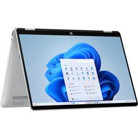 HP OmniBook 5 Flip 2-in-1 laptop, silver, tent mode, 14-inch screen, slim bezel, Windows interface displayed