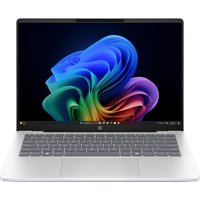 Sleek silver HP OmniBook 5 laptop with 14-inch display, black bezel, and colorful abstract screen design.