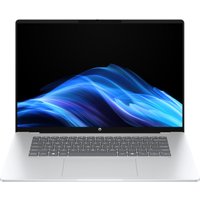 Sleek silver HP OmniBook 5 laptop with a large display, thin bezels, and a full keyboard.