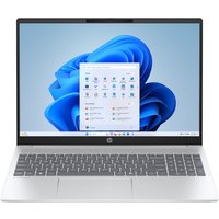 Silver HP OmniBook 5 laptop with slim bezels, large touchpad, and Windows interface on screen.