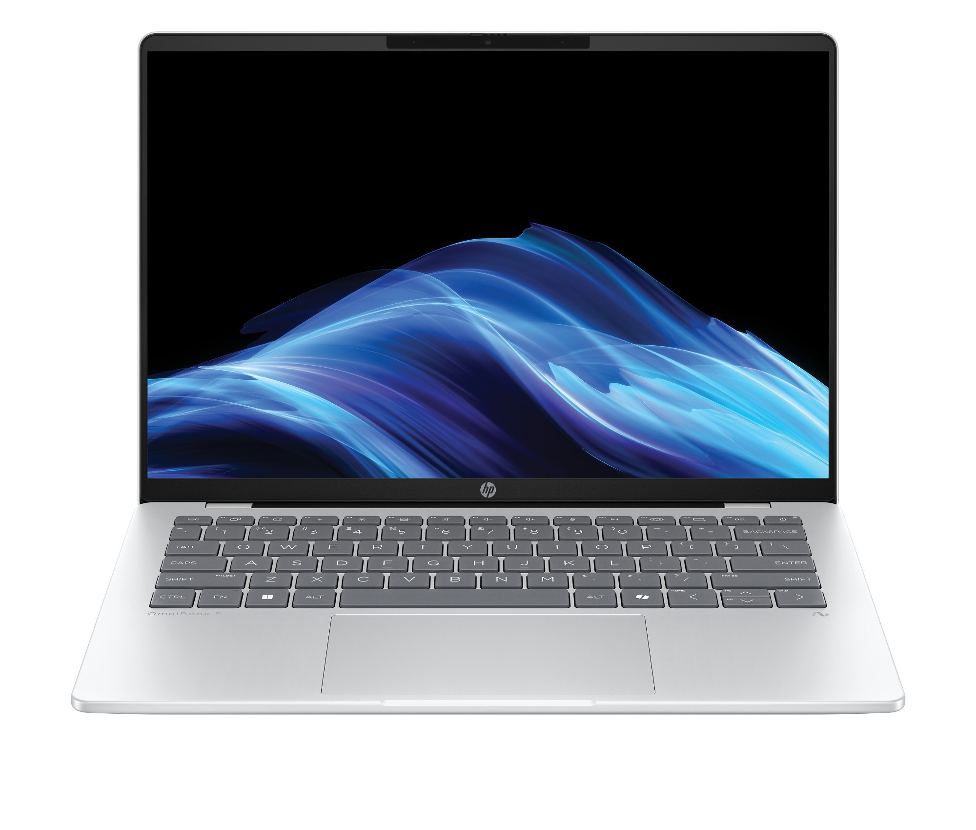 Sleek silver HP OmniBook 5 laptop with a 14-inch 2K display, featuring a full keyboard, trackpad, and thin bezels, powered by Qualcomm Snapdragon X1 and 16GB RAM.