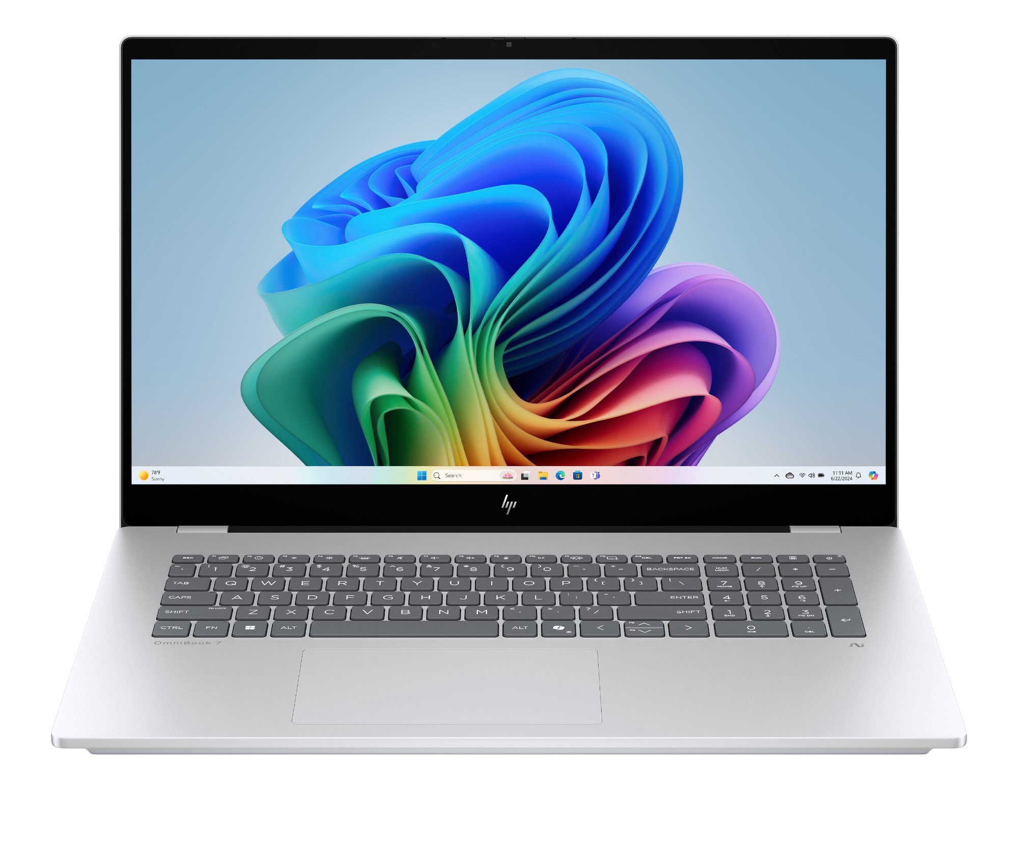 HP OmniBook 7 laptop features a sleek silver chassis, a large 17-inch display with vibrant colors, and a full keyboard with a touchpad, showcasing a modern design.