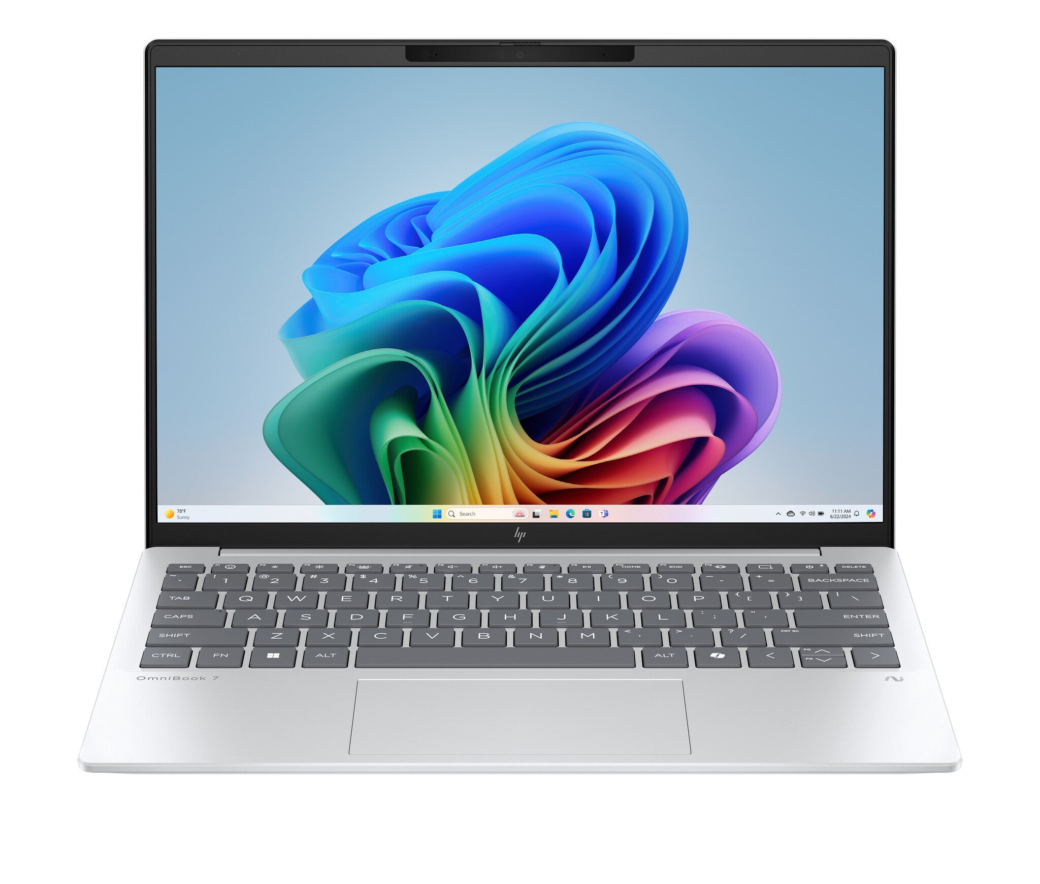 HP OmniBook 7 Aero 13-bg1003na laptop features a sleek silver chassis, a vibrant 13-inch display with a colorful Windows interface, and a compact keyboard with gray keys.