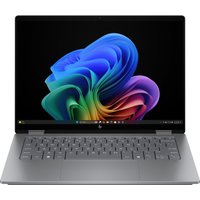 Silver HP OmniBook X Flip 14 2-in-1 laptop, 14" touchscreen, sleek design, Windows 11, vibrant display.